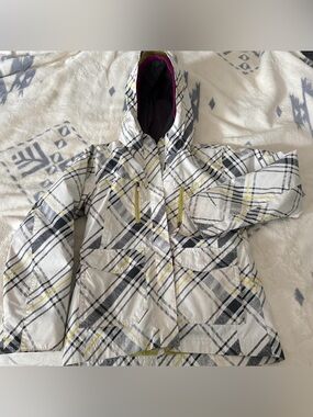 Kids White Plaid Hooded Winter Jacket with Yellow Accents